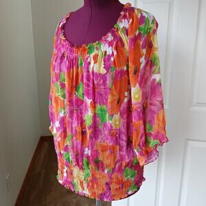 Anne Klein Sheer Silk Floral Blouse 1X neon tropical smocked off shoulder